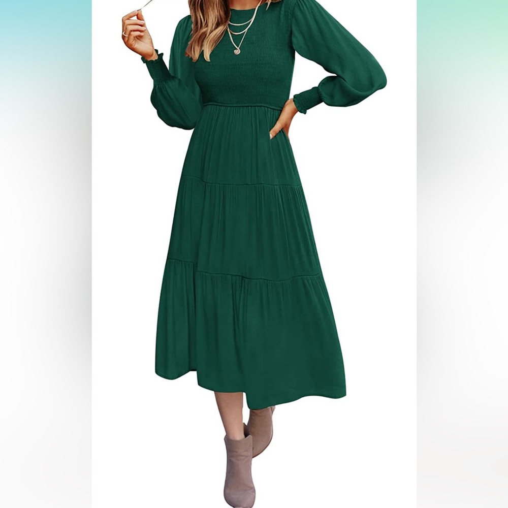 Women's Casual Long Sleeve Crew Neck High Waist Smocked Flowy Tiered Midi Dress